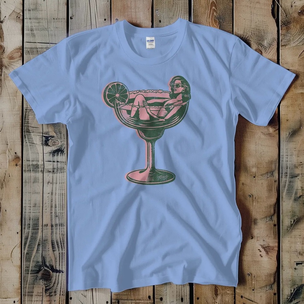 Light Blue Lounging Lady Margarita Glass Graphic Tee